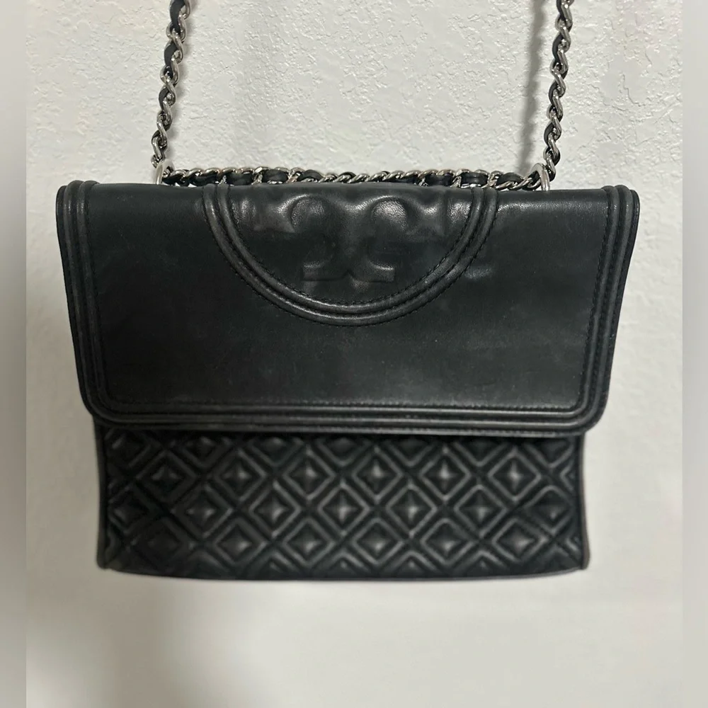Tory Burch Fleming Shoulder Bag Black/silver Crossbody Chain Strap